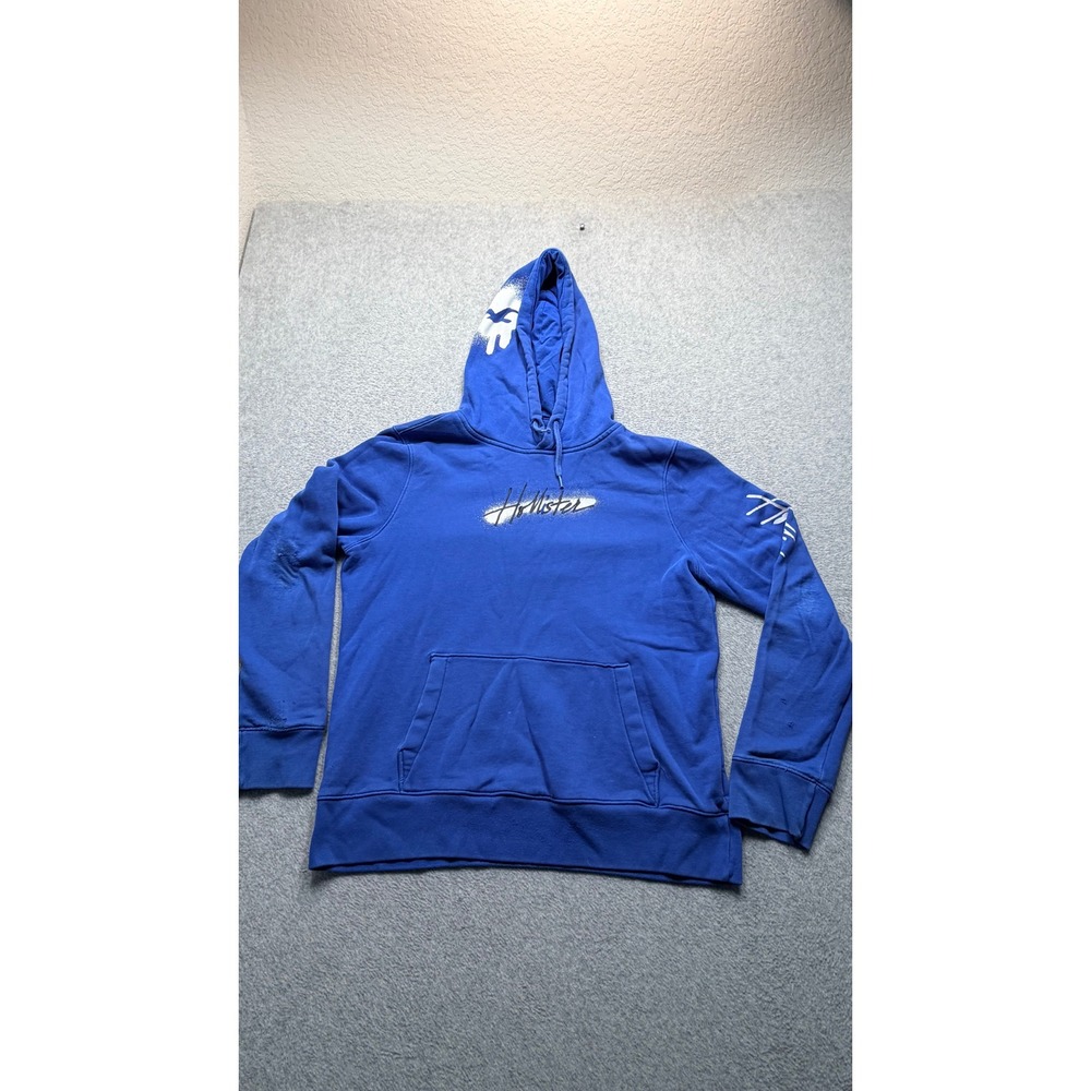 Hollister Mens Blue Spray Paint Graphic Pullover Hoodie Size M